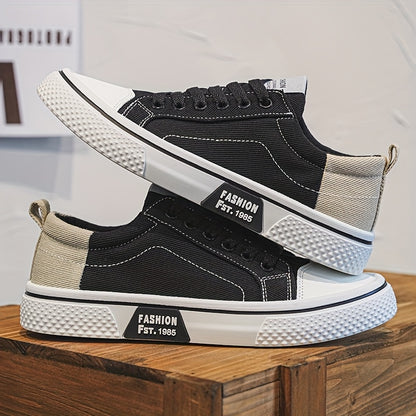 Men's Breathable Canvas Sneakers - Low-Top Lace-Up Skate Shoes, Fashionable Casual & Sporty Design with Green & Beige Color Block, Non-Slip PVC Sole for Casual Attire, Outdoor Sneakers | Laceup Closure | Stylish Lowtops