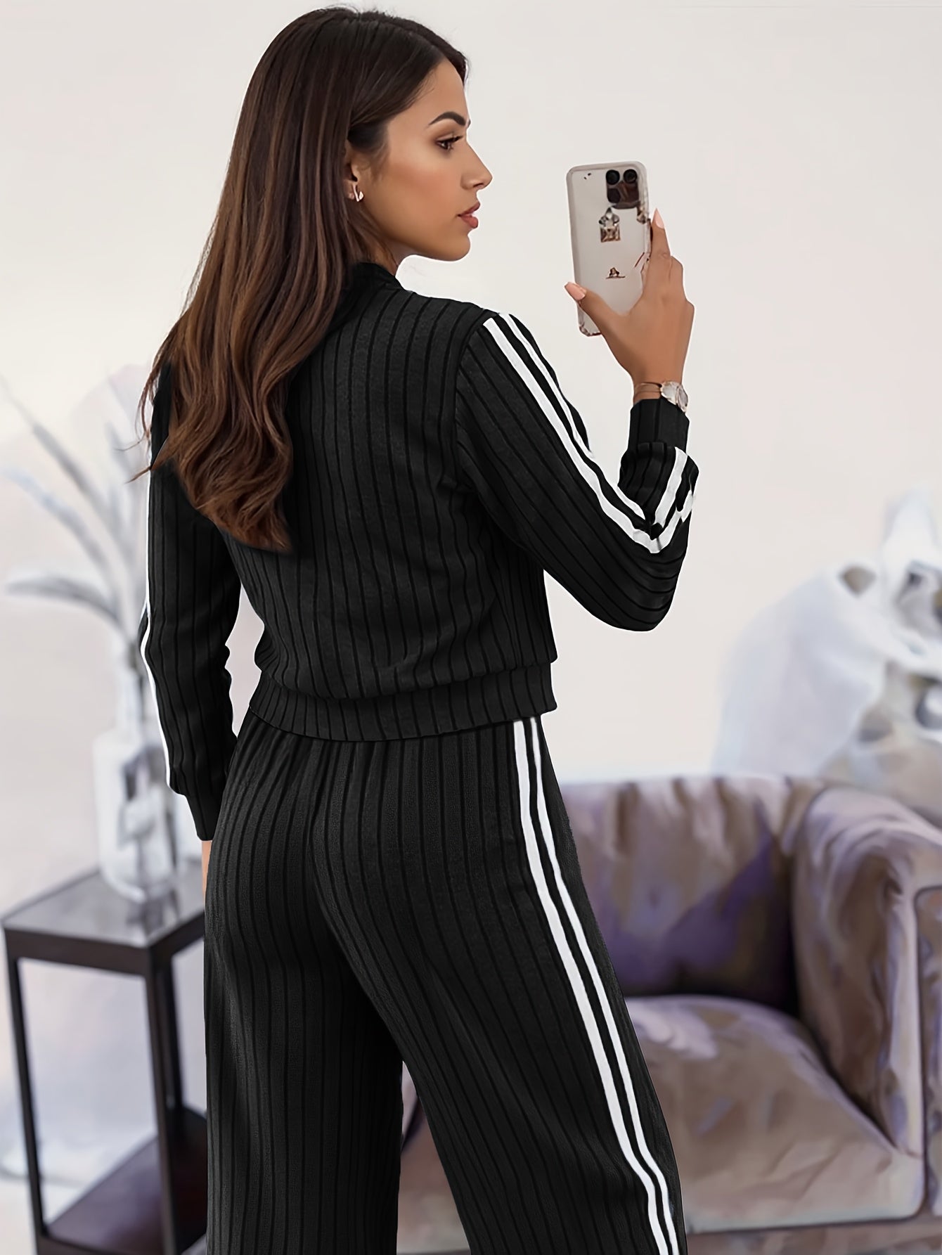 Women'S Stylish Casual Zip-Up Round Neck Ribbed Cardigan with Loose Straight Pants, a Two-Piece Casual Outfit - ayq