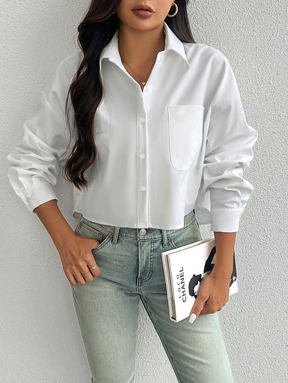 Elegant Women'S Solid Color Short Blouse with Front Pocket, 100% Polyester Woven Shirt, Versatile All-Season Top with Collared Neckline and Button-Up Closure