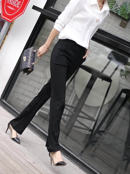 Women's Elegant Black Tailored Pants - High Waist, Straight Leg, Nylon Blend, Perfect for Spring & Fall, Zip Closure, Casual to Semi-Formal Wear, Casual to Formal Wear|Highwaist Trousers|Smooth Texture