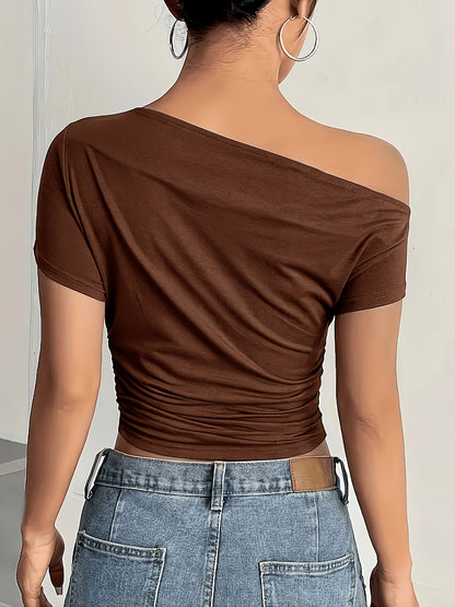 Elegant Off-Shoulder Asymmetrical Knit T-Shirt for Women