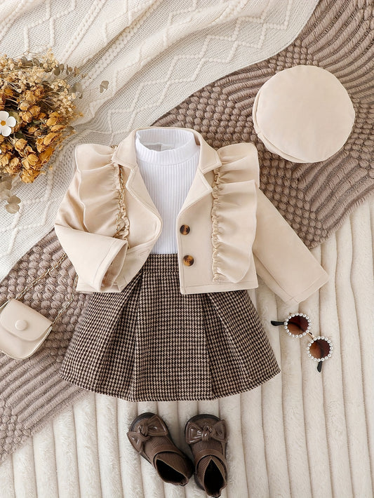 Vintage Girls Set, Ruffle Trim Long Sleeve Lapel Top + Box Pleated Plaid Skirt + Matching Beret, Winter/ Fall Clothes, Casual Outdoor, Party, Gift