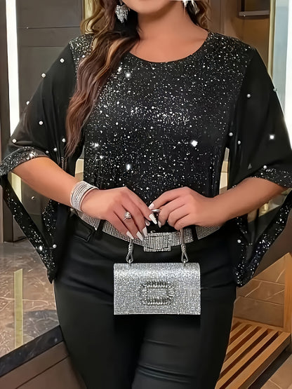 Շողշողացող հմայքը, էլեգանտ Plus Size կանացի վերնաշապիկ՝ փայլուն սեկվիններով և արհեստական ​​մարգարիտներով՝ ասիմետրիկ թևերով, կլոր վզով, ձգվող գործվածք՝ գարուն/ամառ