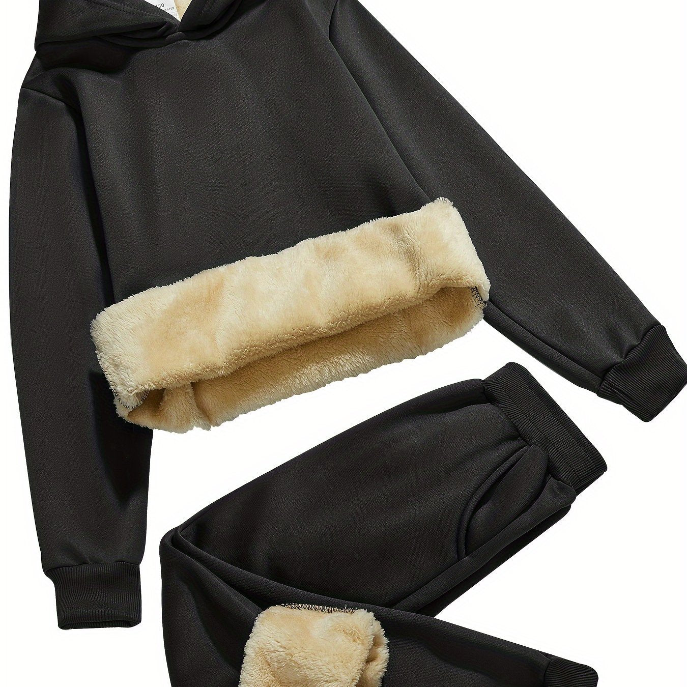 2pcs Boys' Thick Fleece-Lined Hooded Sweatsuit Set - Cozy Winter Warmth, Long Sleeve Pullover & Pants with Pockets, Casual Outdoor Playwear for Fall/Winter, for Outdoor, Winter Clothing