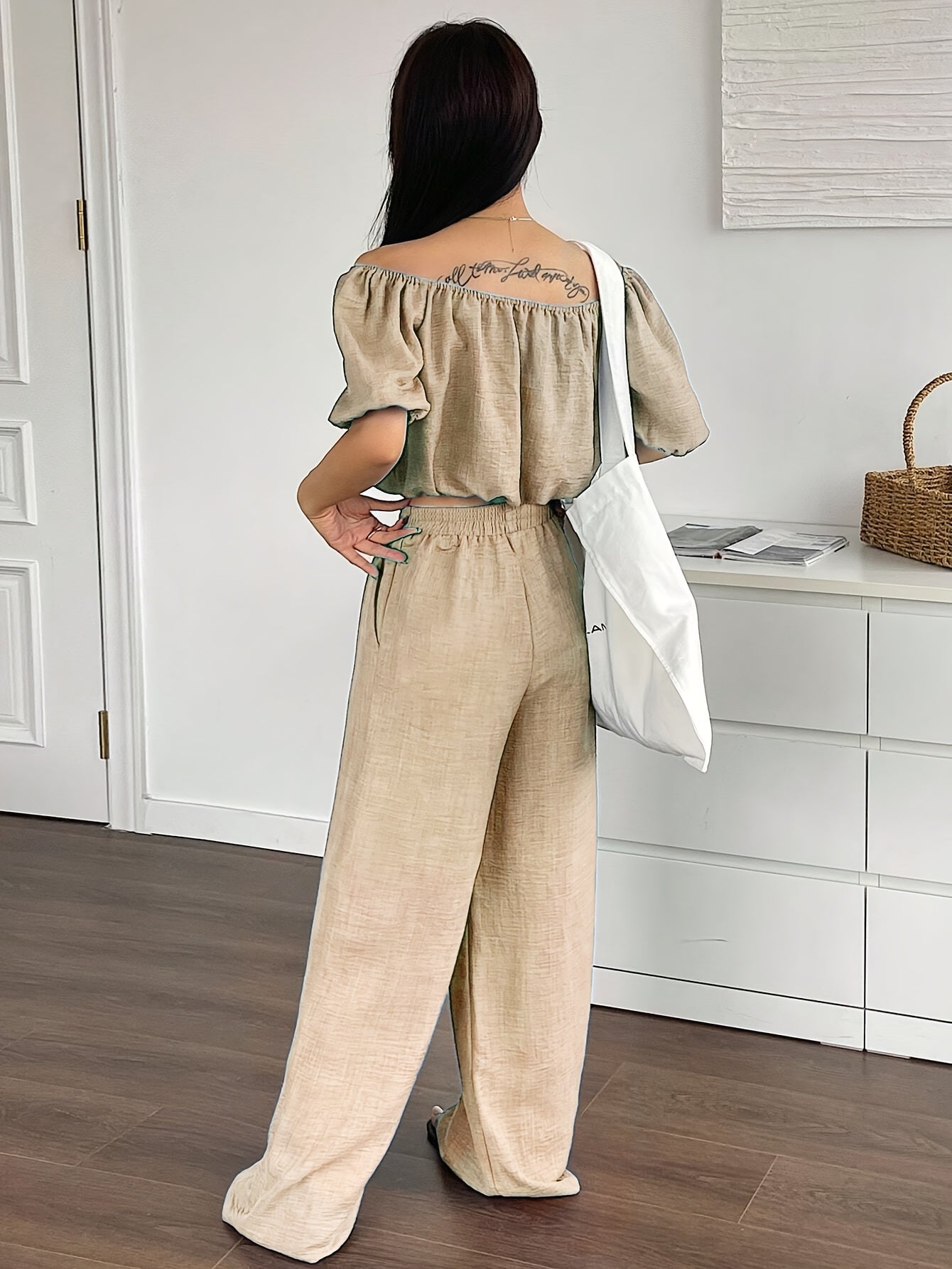Women's Summer Solid Color Off-Shoulder Puff Sleeve Crop Top and Loose Wide-Leg Pants Two-Piece Set - ayq