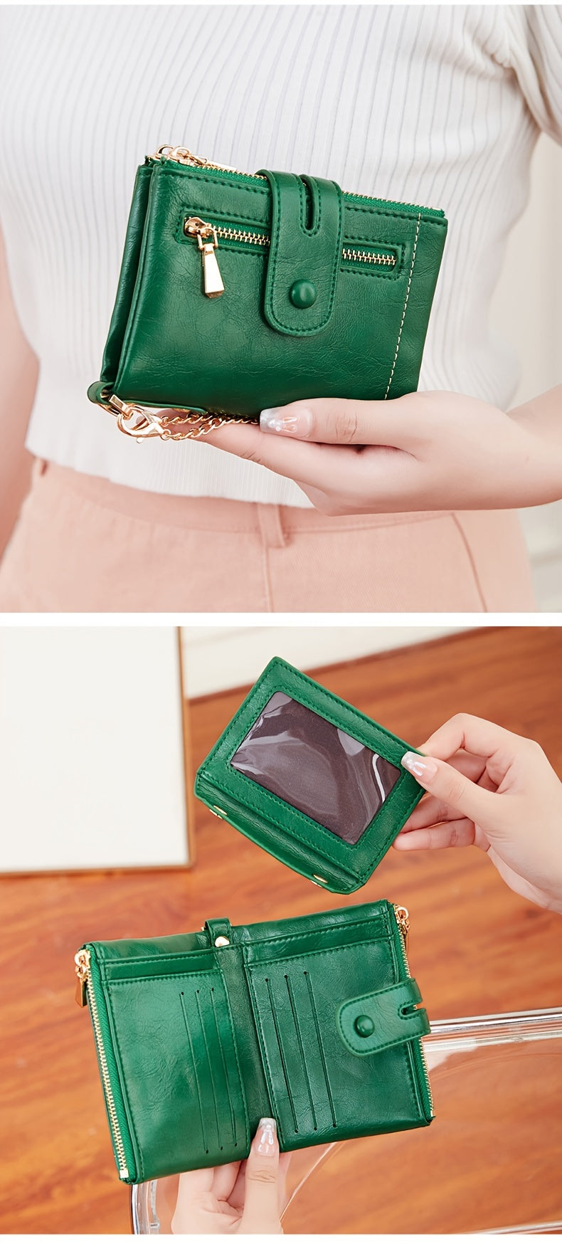 MIYIN Women'S & Men'S Red Bifold Wallet with Anti-Theft Chain Lock, Golden-Tone Hardware & Removable ID Window - Multi-Compartment Organizer with Card Slots