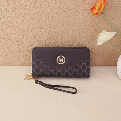 Women'S Elegant Patchwork Wallet & Wristlet Clutch - Large Capacity Double-Zip Coin Purse with Golden-Tone M-Logo, Golden-Tone Hardware & Wrist Strap