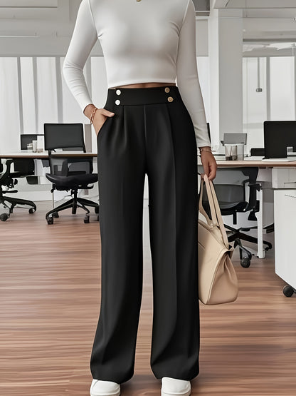 Women's Elegant Button-Waist Straight Leg Polyester Trousers
