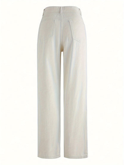 Viscose Casual Straight Leg Երկար անթև կոճակ Fly Half Placket Միջին գոտկատեղի կանոնավոր հարմարեցում երկար երկարությամբ Weekend պատահական կանացի դասական սպիտակ ջինսեր