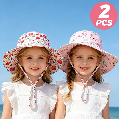 Girls' Floral Wide Brim Bucket Hats with Windproof Cord - 2pcs