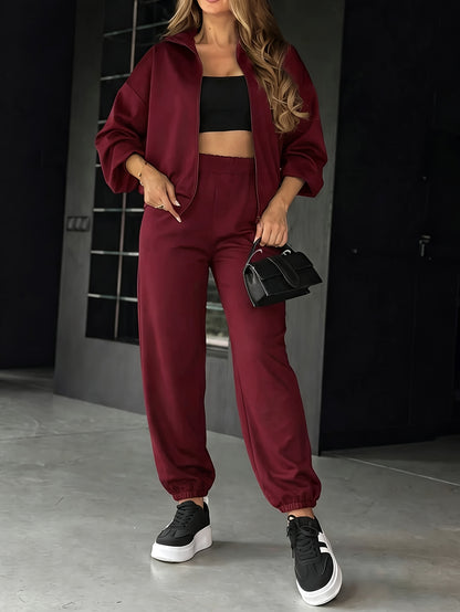 Women's Burgundy Hooded Zip-Up Sweatshirt & High-Waist Jogger Set