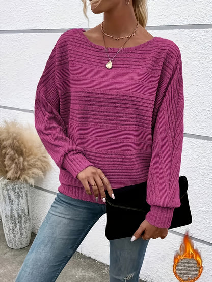 1 հատ Women'S Casual Crew Neck Knit T-shirt - պոլիեսթեր պինդ գույնի երկարաթև վերնաշապիկ գարնան/աշունի համար
