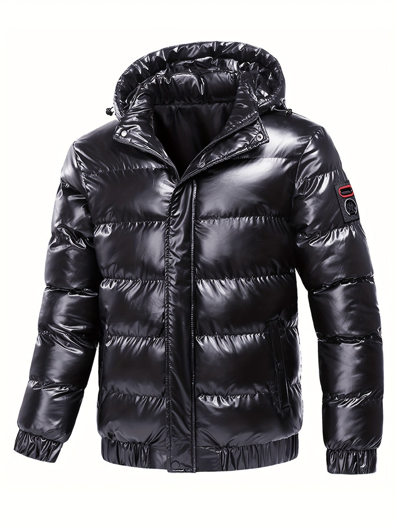 Men's Black Glossy Finish Jacket with Hood - Winter Coat, Zippered Pockets, Ribbed Cuffs & Waistband, Hand Wash Only, Regular Fit for Autumn & Cold Weather