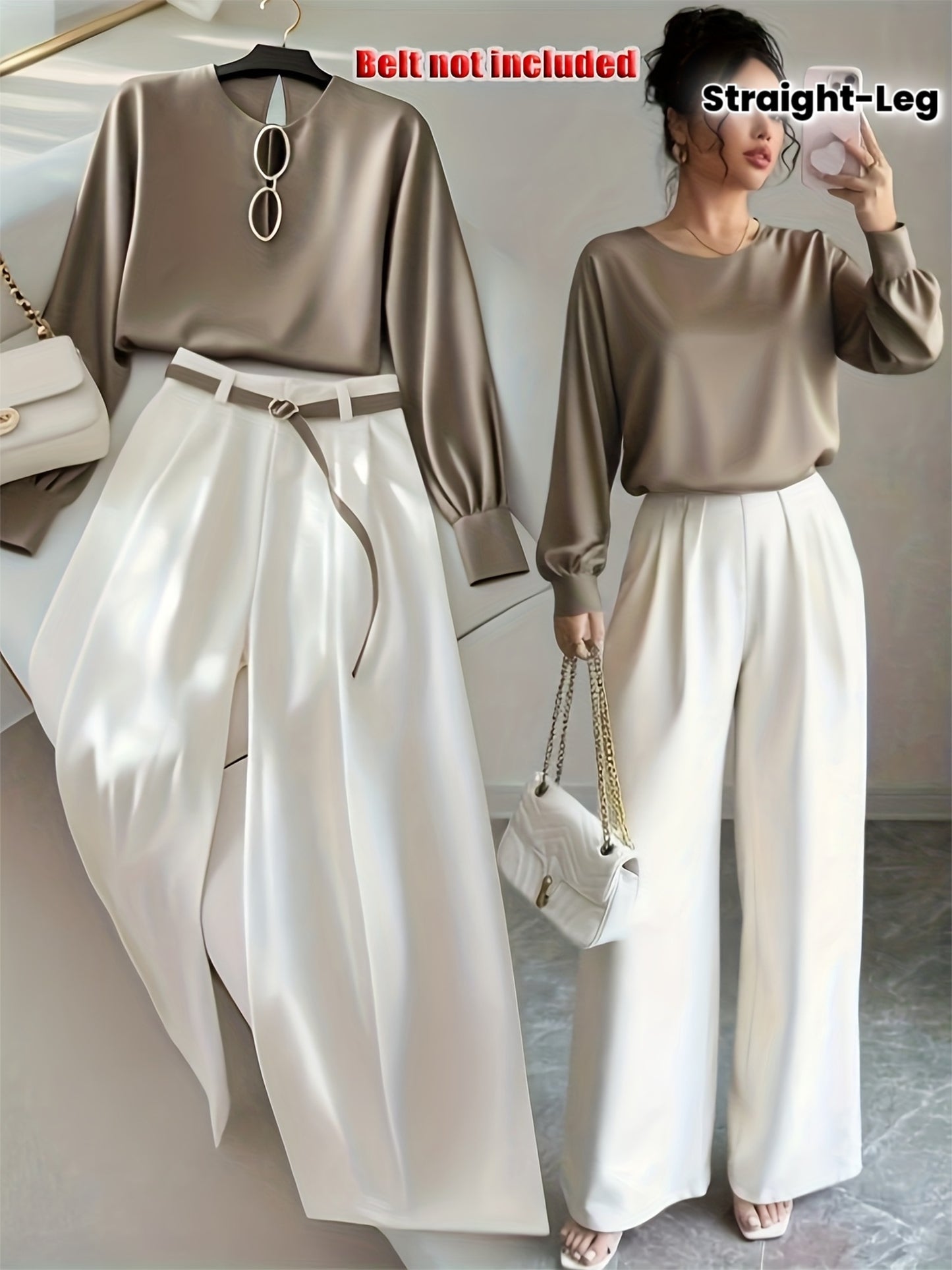 New Women's Elegant Casual Long-Sleeve Shirt + Straight-Leg Pants Set, Belt Not Included [Cherry Bean] - ayq