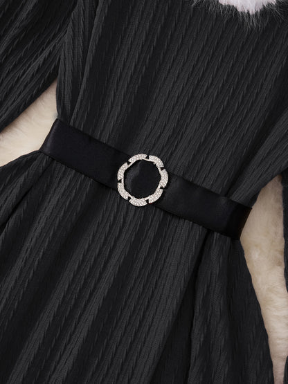 Plus Size - Plus Size, Women'S Elegant Formal Party Dress - Long Sleeve V-Neck with Adjustable Waist Belt, Flared Skirt - Elegant Evening Gown for Christmas, Galas, Weddings - Plus Size Friendly - Black Formal Attire, Formal