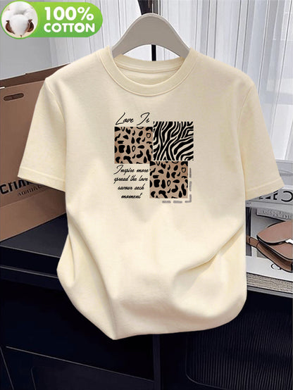 Women’s Casual Cotton T-Shirt with Leopard & Zebra Prints