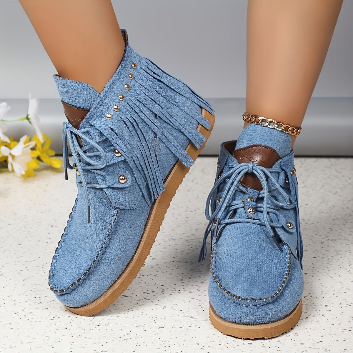 Women'S Fashion Solid Color Tassel and Rivet Chunky Sole Anti-Slip Soft Sole Chelsea Boots, Round Toe Lace-Up Zipper Western Cowboy Boots, Casual All-Season Comfort Flat Heel Dress Boots with Superfine Fiber Upper/Inner & Rub