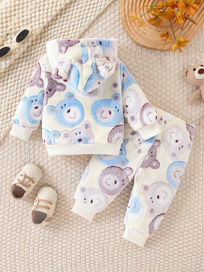 European and American Autumn/Winter Boys' Flannel Fleece-Lined Cute Bear Pattern Beige Zip-Up Hoodie + Fleece-Lined Casual Pants Two-Piece Set, Perfect for Outdoor Wear, Essential Gift, Perfect for Outdoor, Thick
