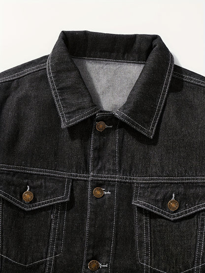 Men's Chic Washed Denim Jacket, Casual Street Style Button Up Contrast Stitching Jacket For Fall Winter