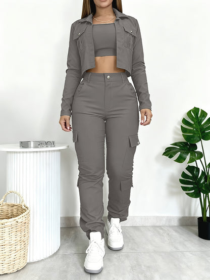 Versatile Multi-pocket Casual Workwear-style Fitted V-neck Cropped Shirt and American-style Wide-leg Pants Set, Women's 2pcs Suit