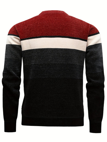 Temujin Men'S Winter Round Neck Sweater with Fleece, Knitted with Embroidered Stripes And Casual Letters for Warmth And a Fitted Style