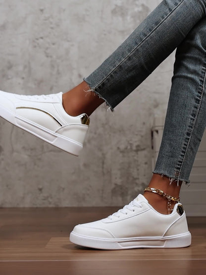 Women'S Fashion Sneakers - Casual Lace-Up Platform Shoes with Golden Accents, Lightweight and Versatile, All-Season Comfort, White with Sequin Details, Casual Footwear | Platform Sneakers | Microfiber Upper