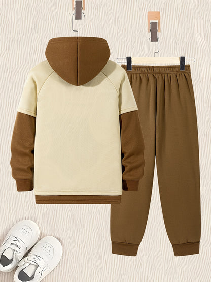 2pcs Boys' Oversized Hooded Sweatsuit & Jogger Pants Set with Letter Print - Beige & Brown Casual Winter Outfits, Thick Warm Fabric, Machine Washable, Pockets, Elastic Waist & Cuffed Hem for Play & Casual Attire - Ideal for L