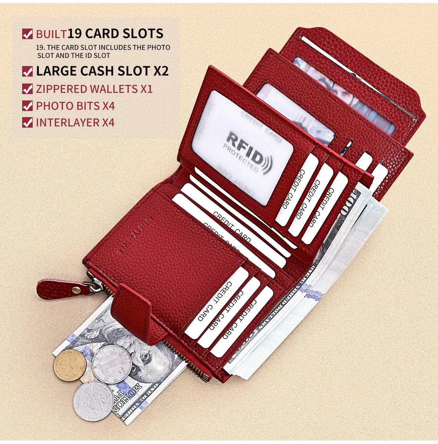 BANYANU Women'S Genuine Faux Leather Wallet - Red Lychee Grain Texture, Multi-Card Slots, Zippered Coin Pocket, Detachable ID Window, Compact Design for Everyday Use, Secure Coin Storage | Stylish Wallet | Synthetic