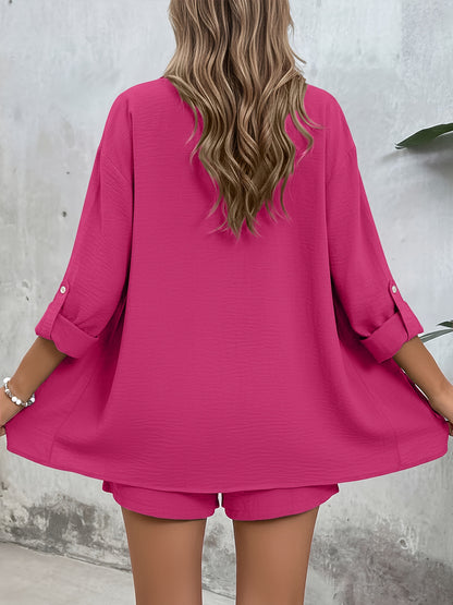 Women's Casual Long-Sleeve Shirt & High-Waist Shorts Set for Spring/Su