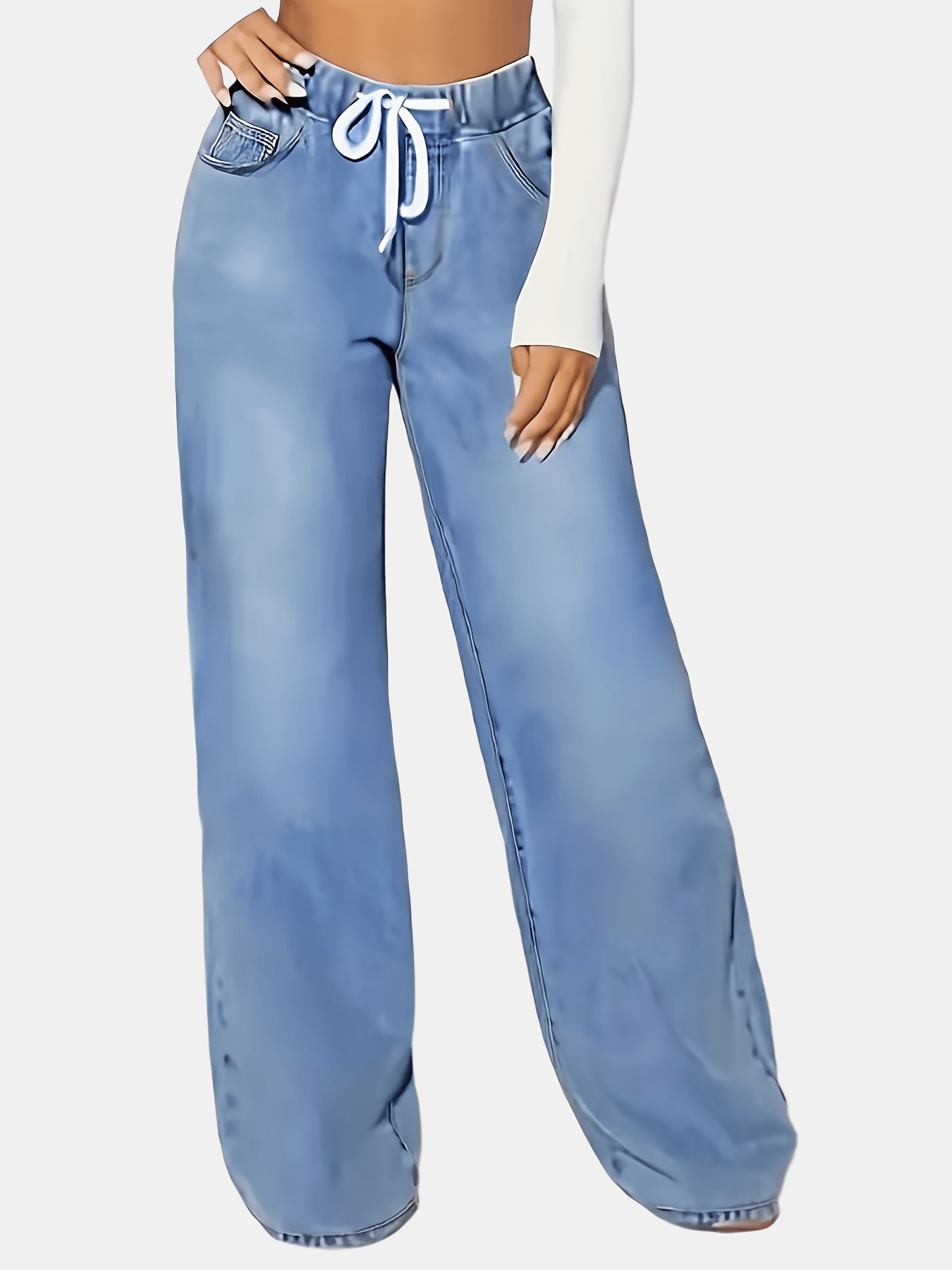 Ladies' Light Blue Elastic Waist Drawstring Washed Stretchy Elegant Straight-Leg Wide-Leg Jeans with Slant Pockets.