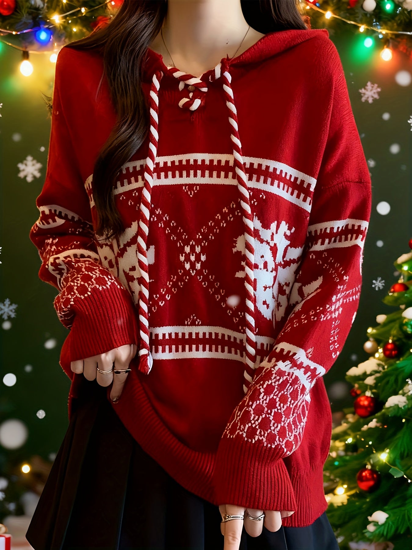 Autumn/Winter Women's Korean-Japanese Style Christmas Sweater, New Year Holiday Red Fair Isle Top, New Arrival Embroidered Stripe Embroidered Collar Adjustable Drawstring Embroidered Snowflake Pattern Thick Warm Hooded Sweats