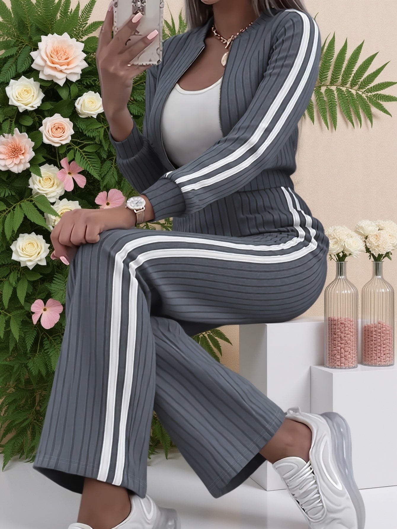 Women'S Stylish Casual Zip-Up Round Neck Ribbed Cardigan with Loose Straight Pants, a Two-Piece Casual Outfit - ayq