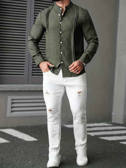Men's Casual Stand Collar Long Sleeve Solid Color Shirt