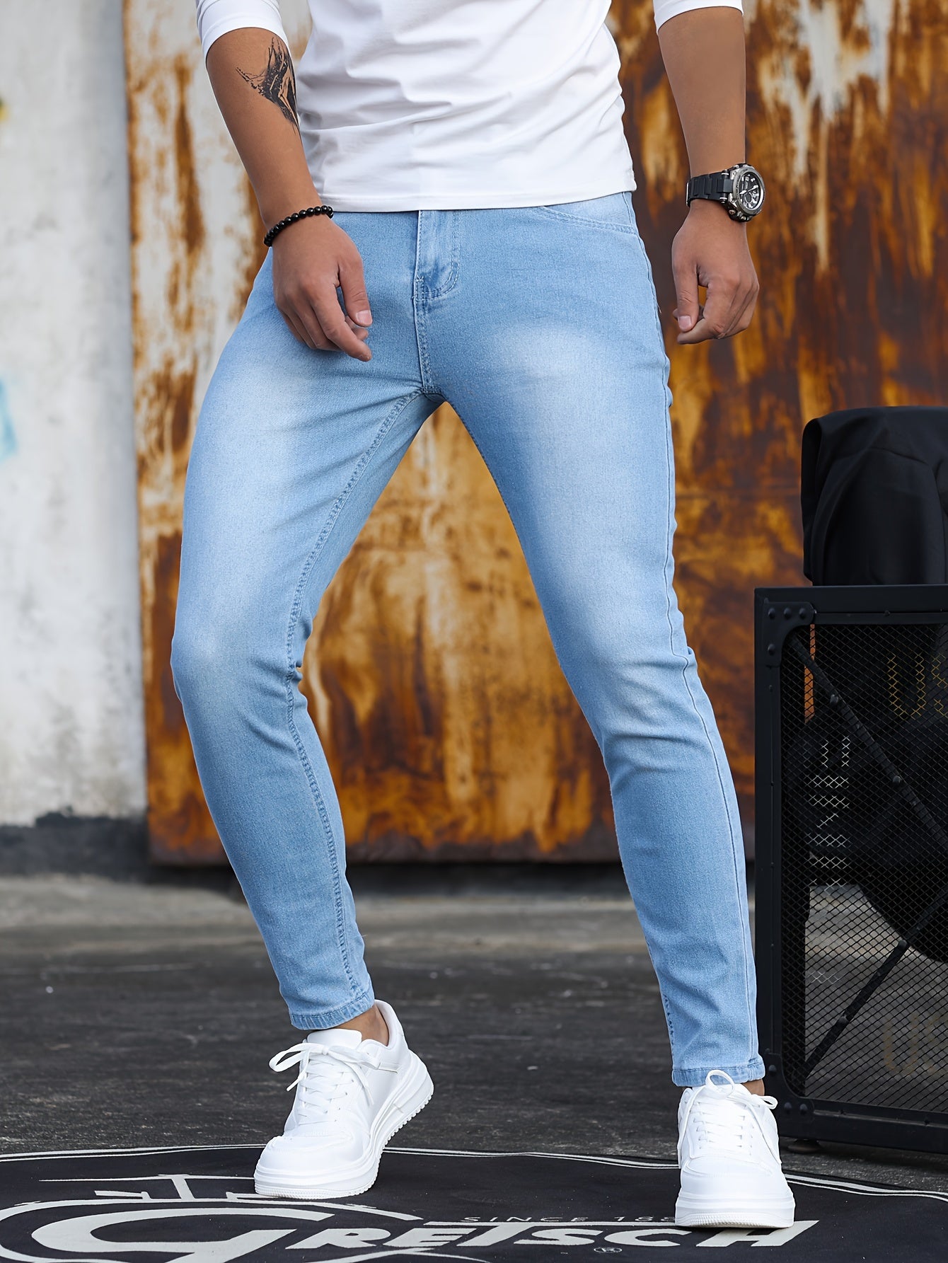 Men's Casual Skinny Jeans, Chic Street Style Medium Stretch Denim Pants