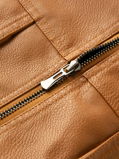 Men'S Faux Leather Bomber Jacket with Fleece Lining - Casual Motorcycle Style, Zip-Up, Long Sleeve, Drop Shoulder, Polyester Lining, Regular Fit, Outdoor & Hiking Wear, Outdoor Jacket | Bomber Jacket | Polyester Lined Jacket