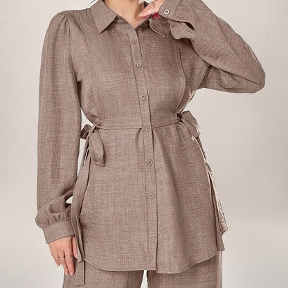 Women's Two-Piece Set with Front Buckle Long Sleeve Casual Top and Trousers