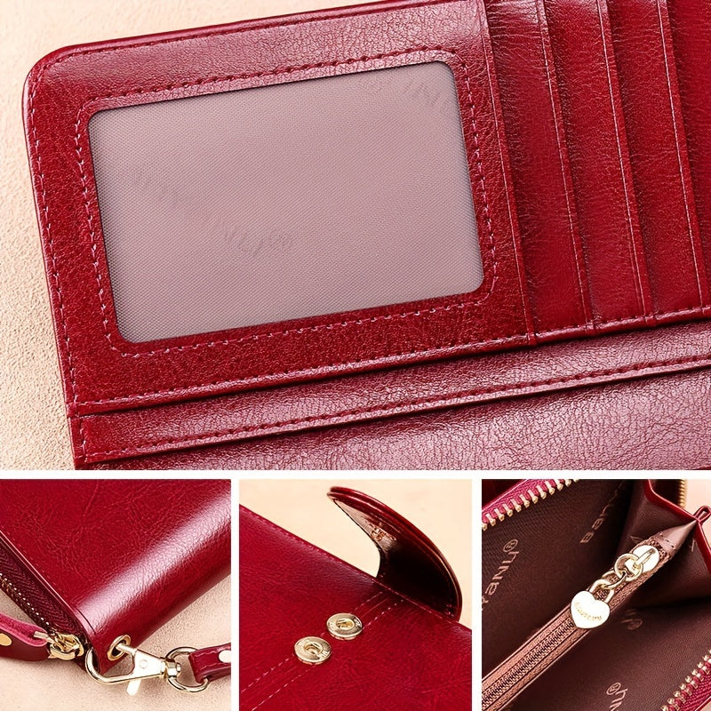 Two-Layer Cowhide Leather Clutch Wallet for Men & Women, Casual Large Capacity RFID Blocking Zippered Hand Purse with Transparent ID Slot and Anti-Theft Brush, Versatile for Going Out