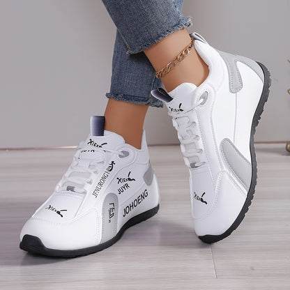 Women's Lightweight Breathable Low-Top Sneakers - White & Black Contrast Synthetic Cover & Fabric Upper, All-Season Casual Shoes with Cushioned Comfort & Durable Rubber Sole, Ladies Sneakers
