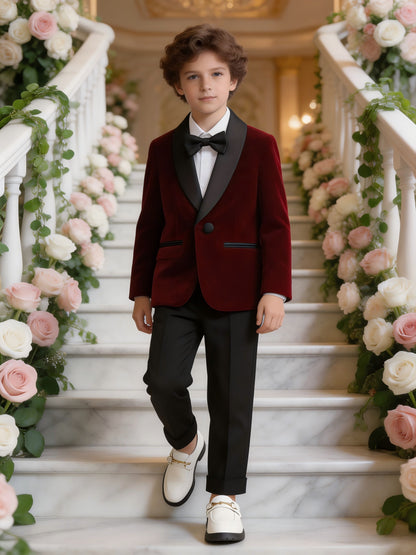 Boys Velvet Suit Set with Jacket, Trousers & Bow Tie - Formal Wear