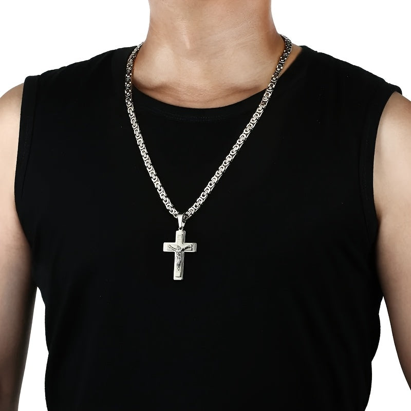 Men's Stainless Steel Fashion Pendant Three-Layer Cross with U-Shaped Handmade Flat Necklace in Steel Color