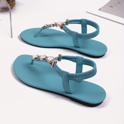 Elegant Summer Women's Flat Sandals with Rhinestone Embellishments and Strappy Back, Split Toe Design, Rubber Sole – Non-Washable, Man Made Materials – Taizhou-Origin