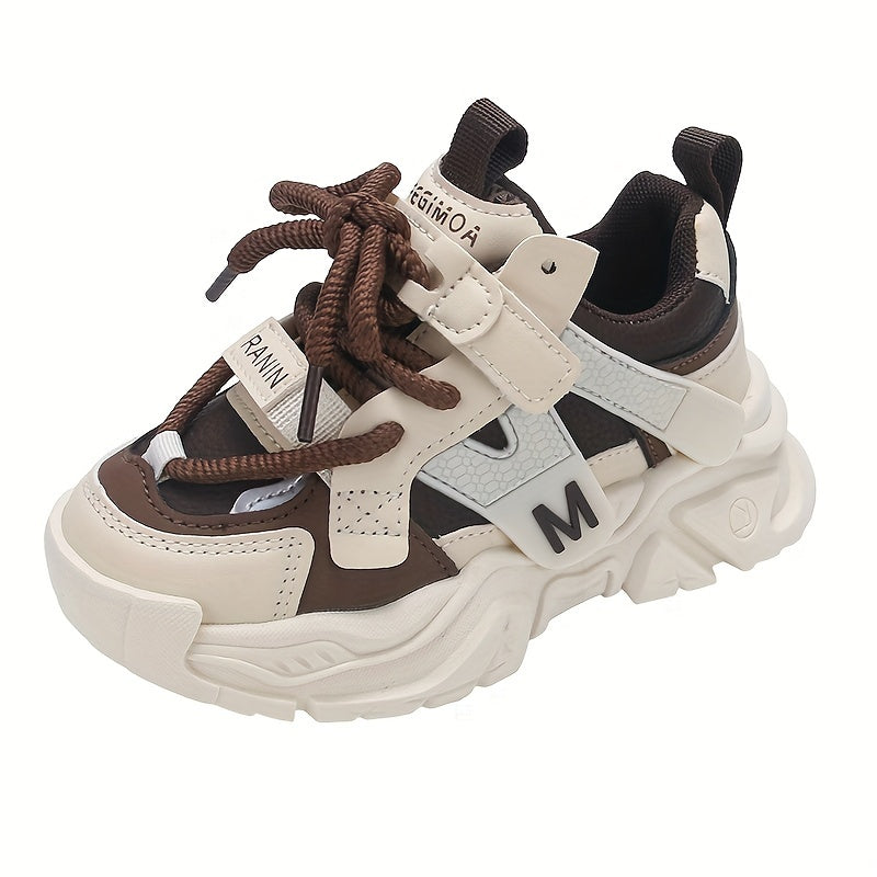 Kids' Chunky Sneakers - Breathable Mesh Running Shoes with Hook-and-loop Fastener Straps, Black & Brown Design for Boys & Girls, Casual & Sporty Style, All-Season Wear, Cute Shoes