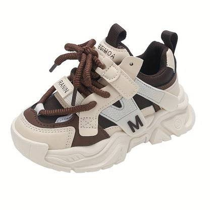 Kids' Chunky Sneakers - Breathable Mesh Running Shoes with Hook-and-loop Fastener Straps, Black & Brown Design for Boys & Girls, Casual & Sporty Style, All-Season Wear, Cute Shoes