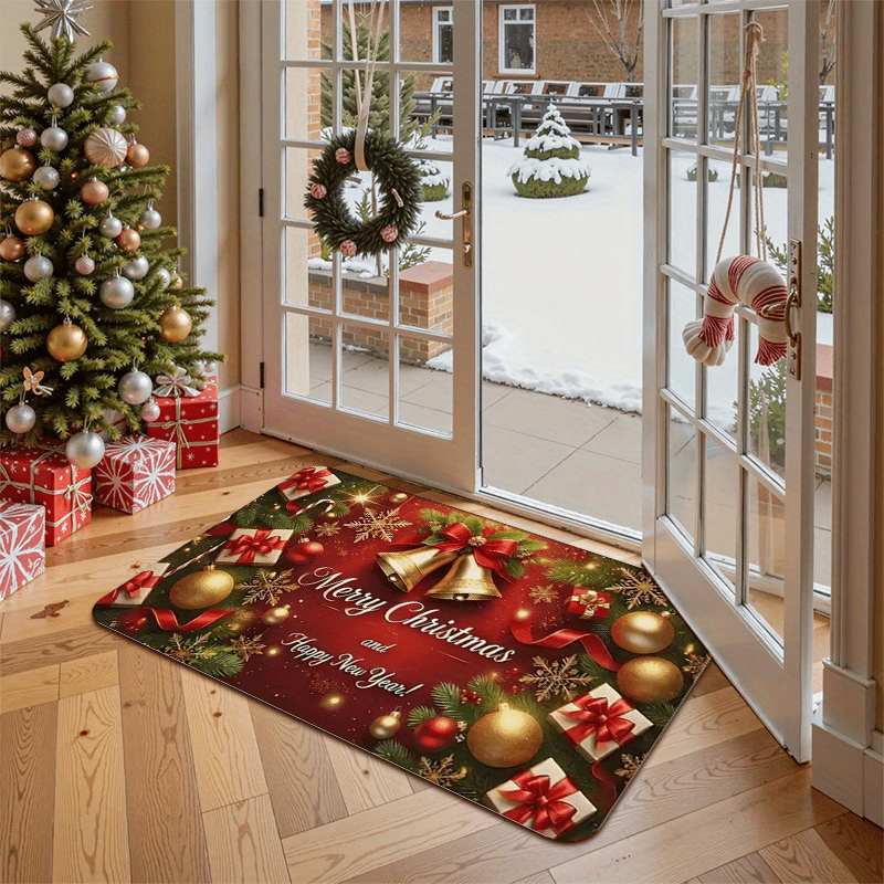 1pc Christmas & New Year Welcome Mat with Merry Christmas & Happy New Year Greeting, Red/Golden/Green Holiday Design, Non-Slip Backing, Heavy-Duty 600g/m² Polyester, Machine Washable Indoor/Outdoor Door Mat with Pine Branche