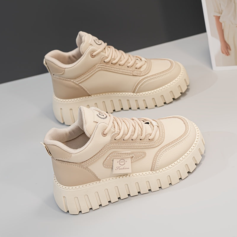 1 Pair Women'S Fashion Mid-Top Casual Sneakers, PU Upper, Fabric Lining, Rubber Sole, and EVA Insole, Lace-Up Design, with All-Season Versatile Athletic Shoes
