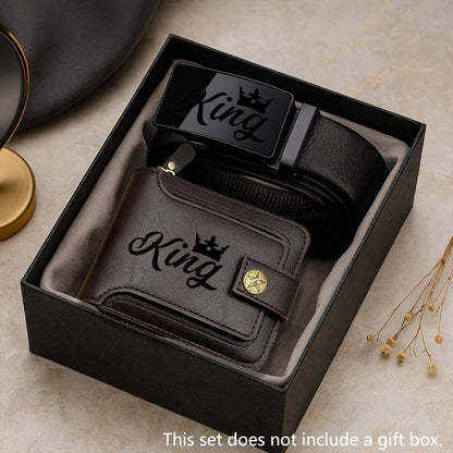 2pcs Men's Belt & Wallet Combo Matching Set - King Print Design, Business Professional Belt & Wallet with Cash Pocket - Gift for Dad, Husband (Valentine's Day, Graduation) - Stylish Male Accessory Suitable for Outfit Essentia