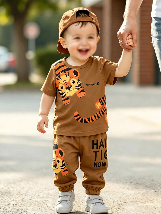 Boys' Summer Cartoon Lion Casual T-Shirt & Pants Set - ayq