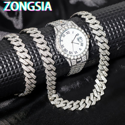 ZONGSIA Hip Hop Watch & Jewelry Set - Luxury Rhinestone-Encrusted Quartz Watch with Matching Bracelet and Necklace, Classic Male Fashion, PC Case, Alloy Strap, Electronic Drive, Non-rechargeable Button Battery, ZONGSI