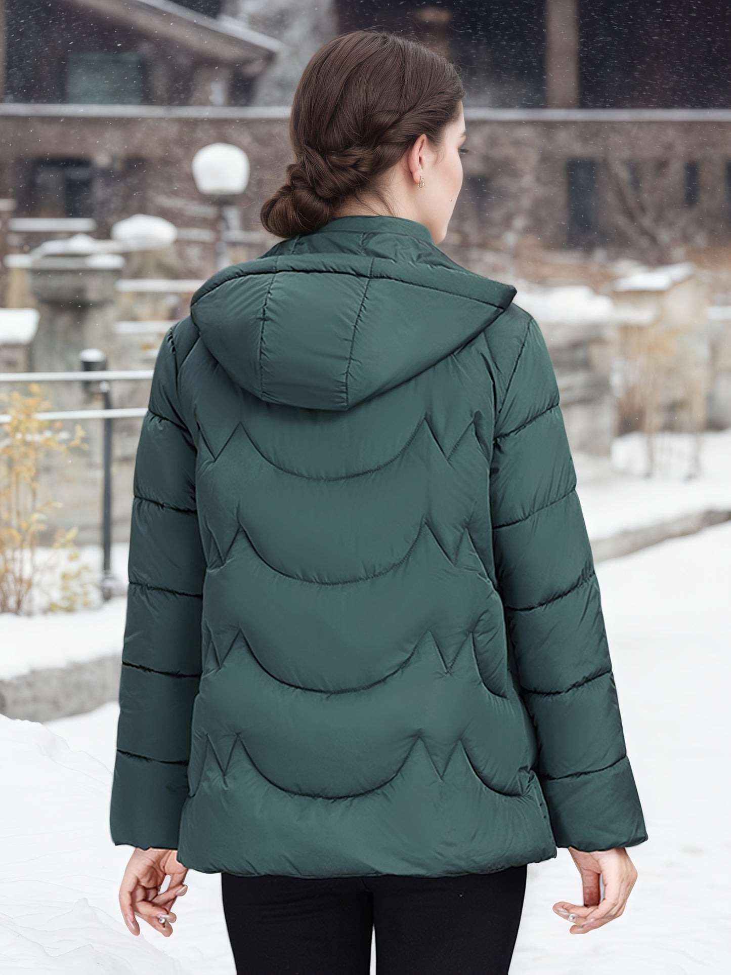 Կանացի էլեգանտ սև ձմեռային փքված բաճկոն՝ երկար թևքերով, կայծակաճարմանդով, առօրյա ոճով՝ ուլունքազարդ դետալներով, իդեալական է ձյունառատ օրերի համար, առօրյա ձմեռային հագուստի համար | Կայծակաճարմանդով բաճկոն | Գործնական գրպաններ