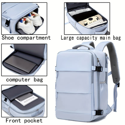 Women'S Travel Backpack, Flight Approved, Expandable Large Capacity Luggage Daypack, Business Weekend Bag with Shoe Compartment, Back to School Backpack, Solid Color, Polyester, Adjustable Strap, Zipper Closure, USB Powered,